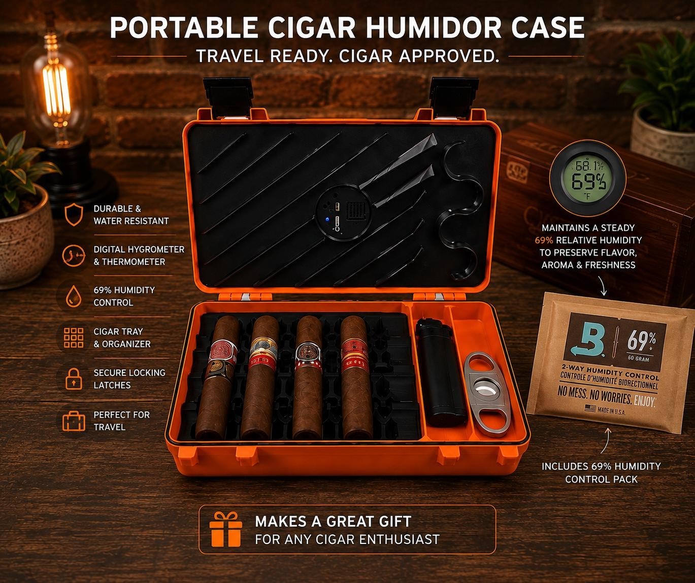 Portable Cigar Travel Humidor Case with Digital Hygrometer, Boveda 69% Humidity