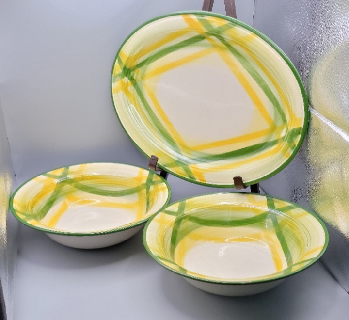 50s VTG Vernonware Gingham Plaid 3 pc Serving Set Platter Bowls California MCM 