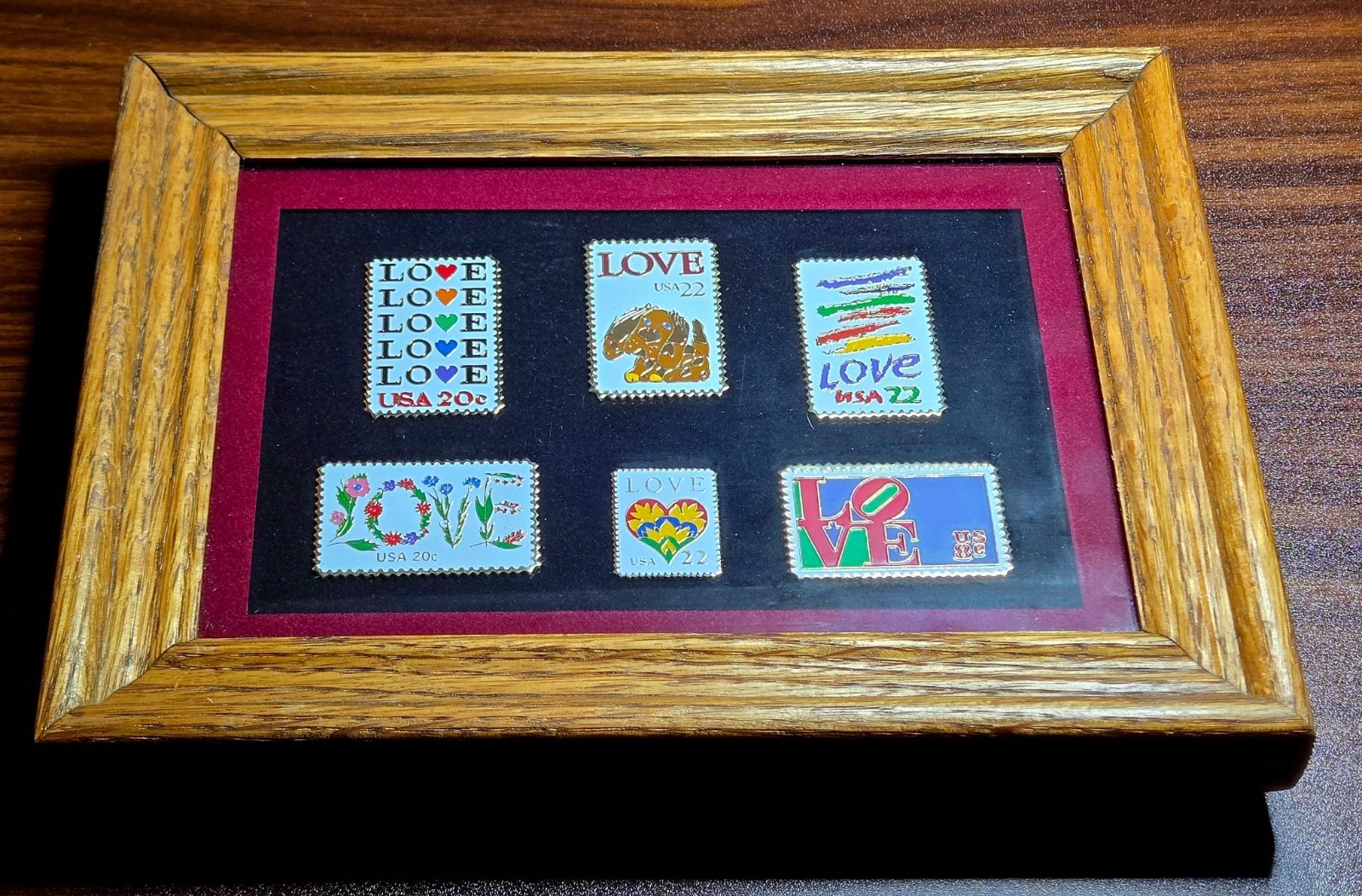 Vintage 1980s USPS LOVE Stamp Enamel Pins - Framed Set of 6 - Wood Frame Easel B Vintage 1980s USPS LOVE Stamp Enamel Pins - Framed Set of 6 - Wood Frame Easel B
