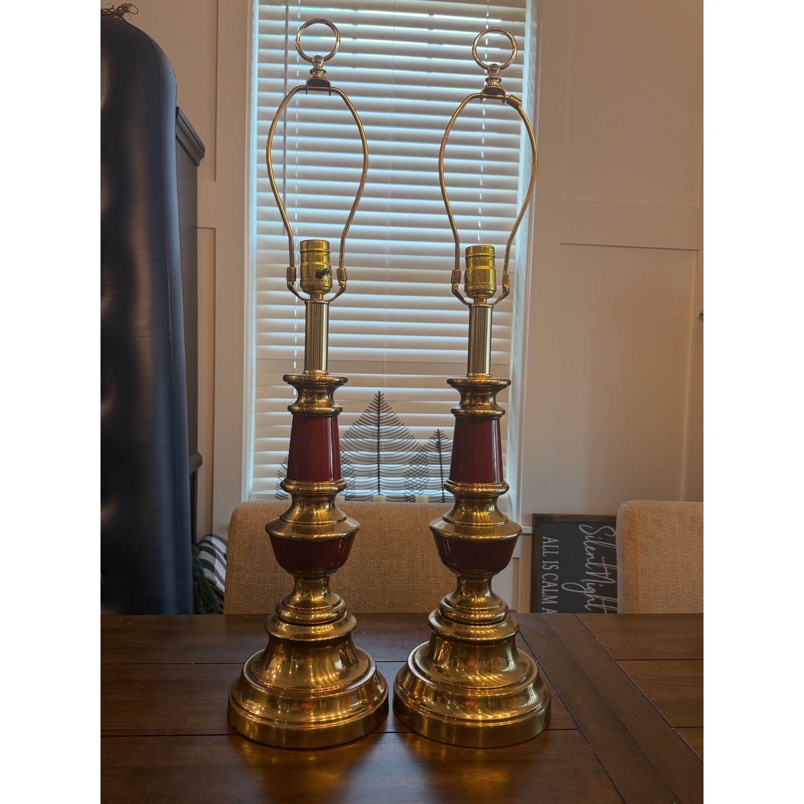 Vintage Brass Buffet Table Lamps Pair Hollywood Regency Burgundy Red Enamel 30