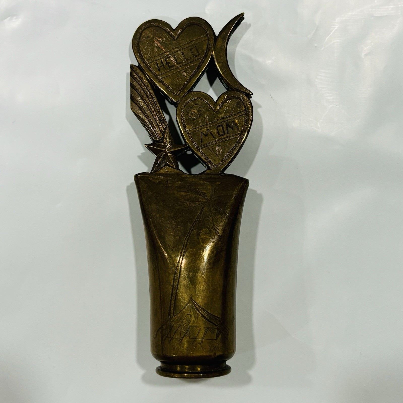 WW1I Trench Art Hello Mom 1942 20mm Etched Shell Case Vintage WW1I Trench Art Hello Mom 1942 20mm Etched Shell Case Vintage
