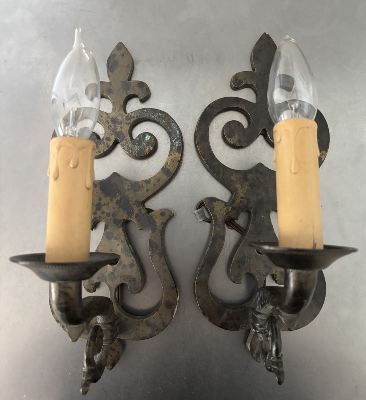 Set of 2 Spanish Revival Metal Wall Sconces Electric Candle GOTHIC Need Rewiring