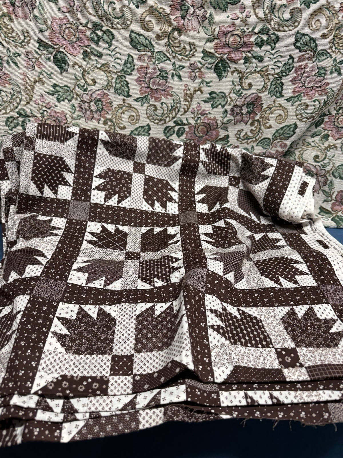 Vtg Cranston VIP Cotton Quilt Brown Patchwork Geometric - 8 yards x 42 Inches W