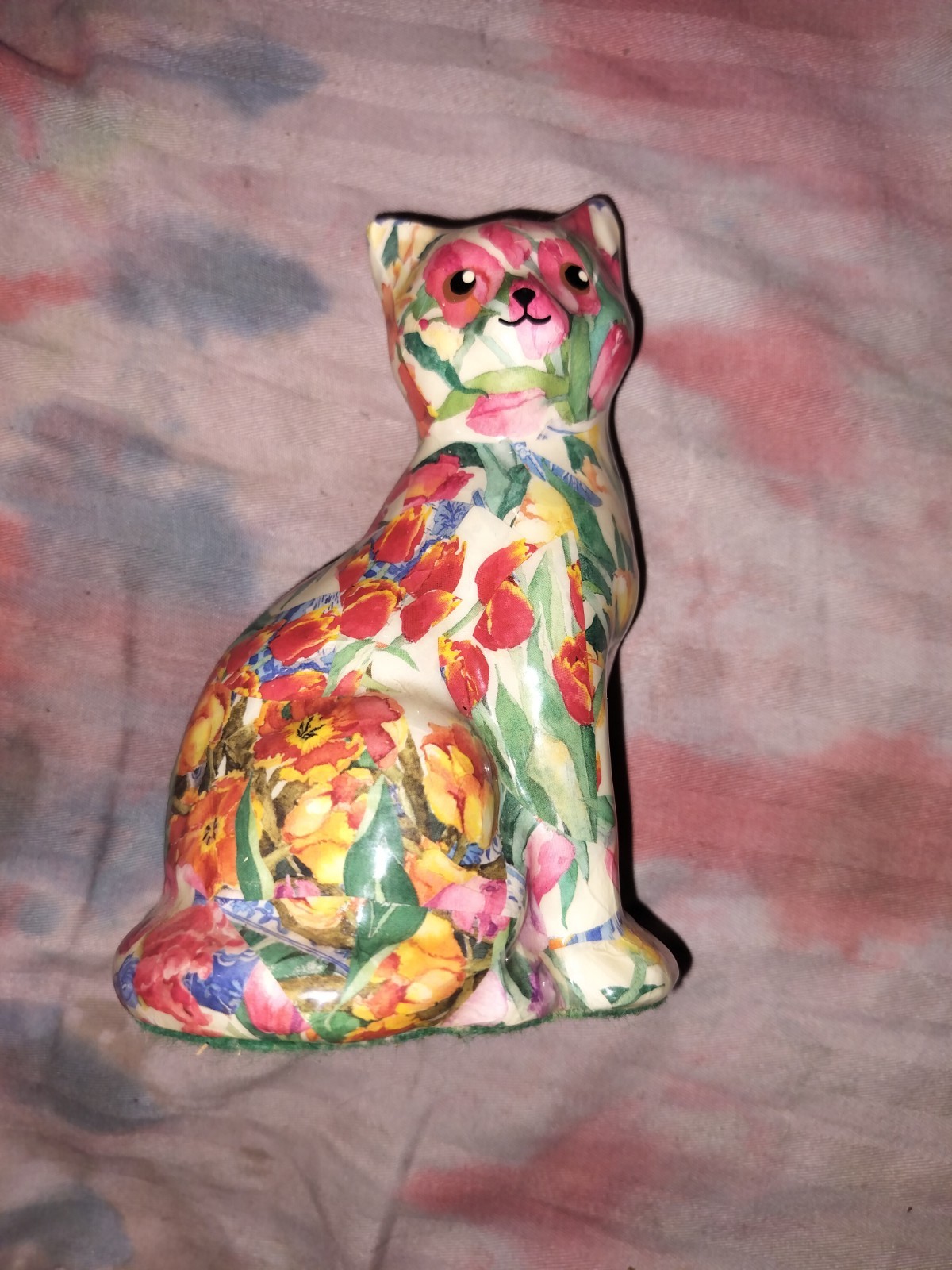 Vintage 1980 Linda Edgington Decoupage Ceramic Cat Figirine With Label Vintage 1980 Linda Edgington Decoupage Ceramic Cat Figirine With Label