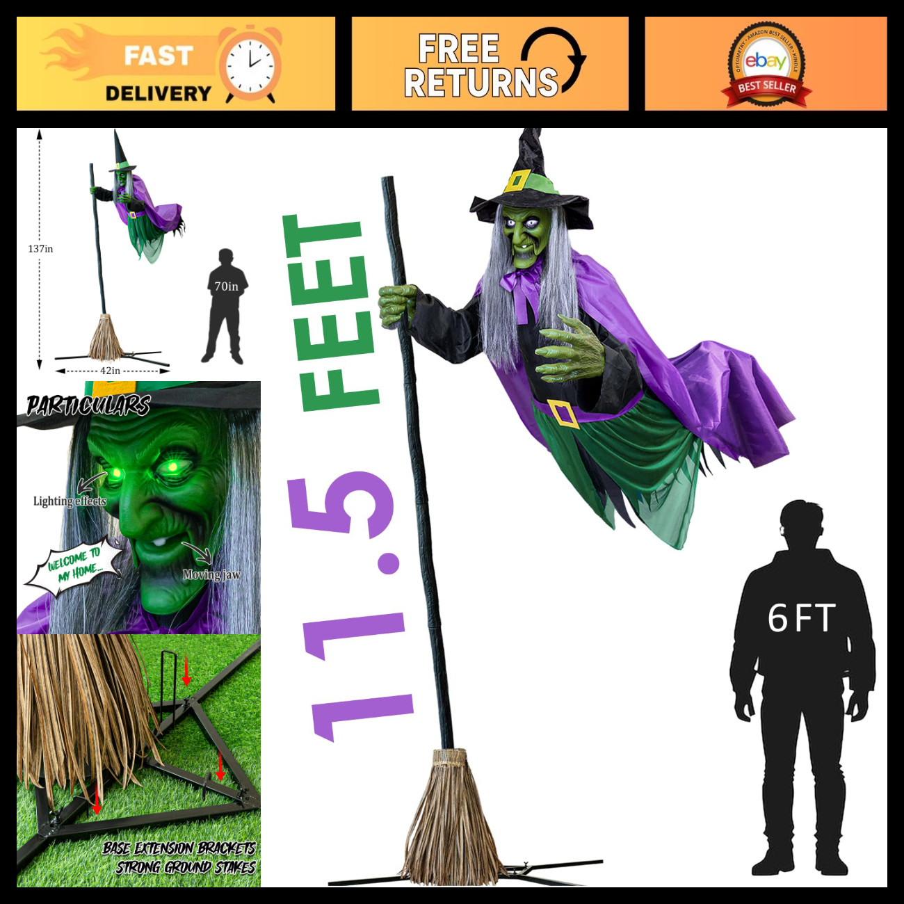 11.5 Ft Animated Hovering Witch - Sound & Touch Activated Halloween Decor Props 11.5 Ft Animated Hovering Witch - Sound & Touch Activated Halloween Decor Props