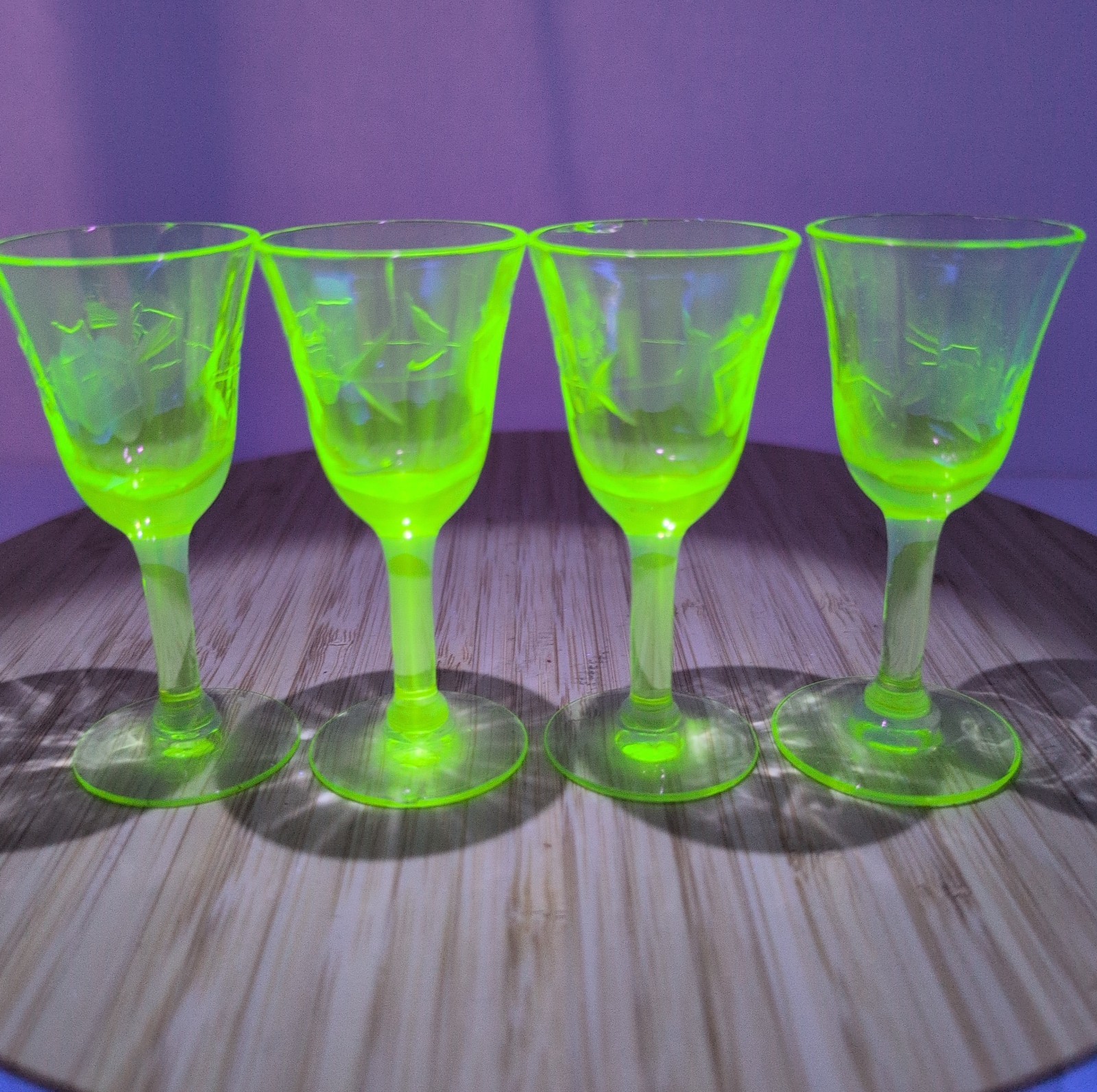 Vintage Green Uranium Glass Cordial Glasses Set 4 Etched Floral UV Glow 3.5 In