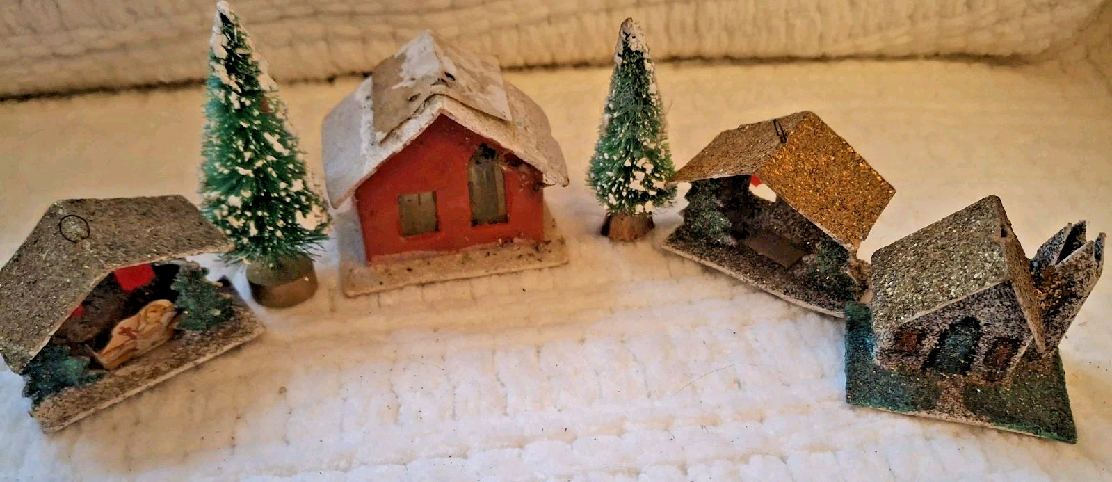 4 Vint Miniature Putz Glitter Houses, Church, 2 Trees Christmas Ornament JAPAN 4 Vint Miniature Putz Glitter Houses, Church, 2 Trees Christmas Ornament JAPAN