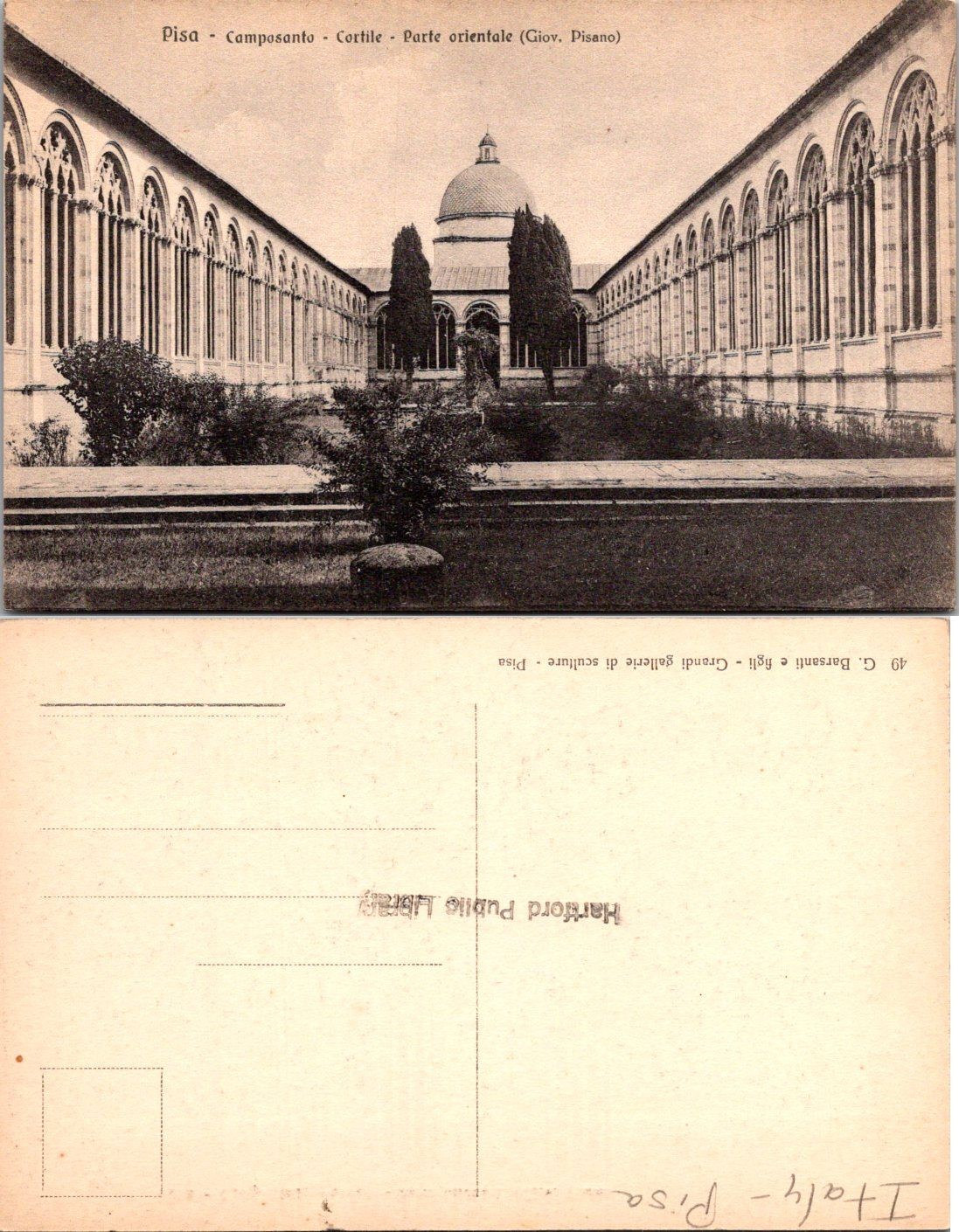 Vintage Pisa Camposanto Cortile Italy Unposted Postcard Sepia C Barsanti e Figli