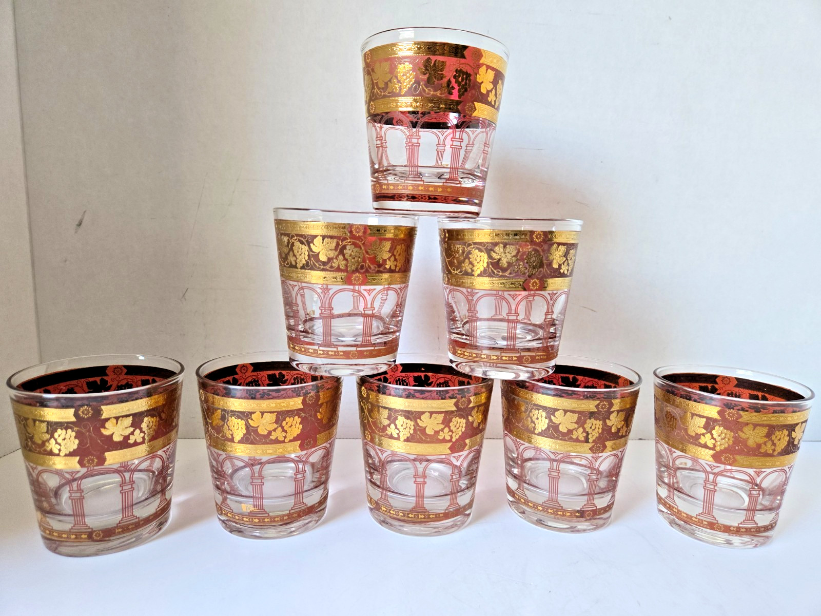 Vintage MCM  CERA Golden Grape Burgundy 22k Low Ball Rock Glasses set of 8