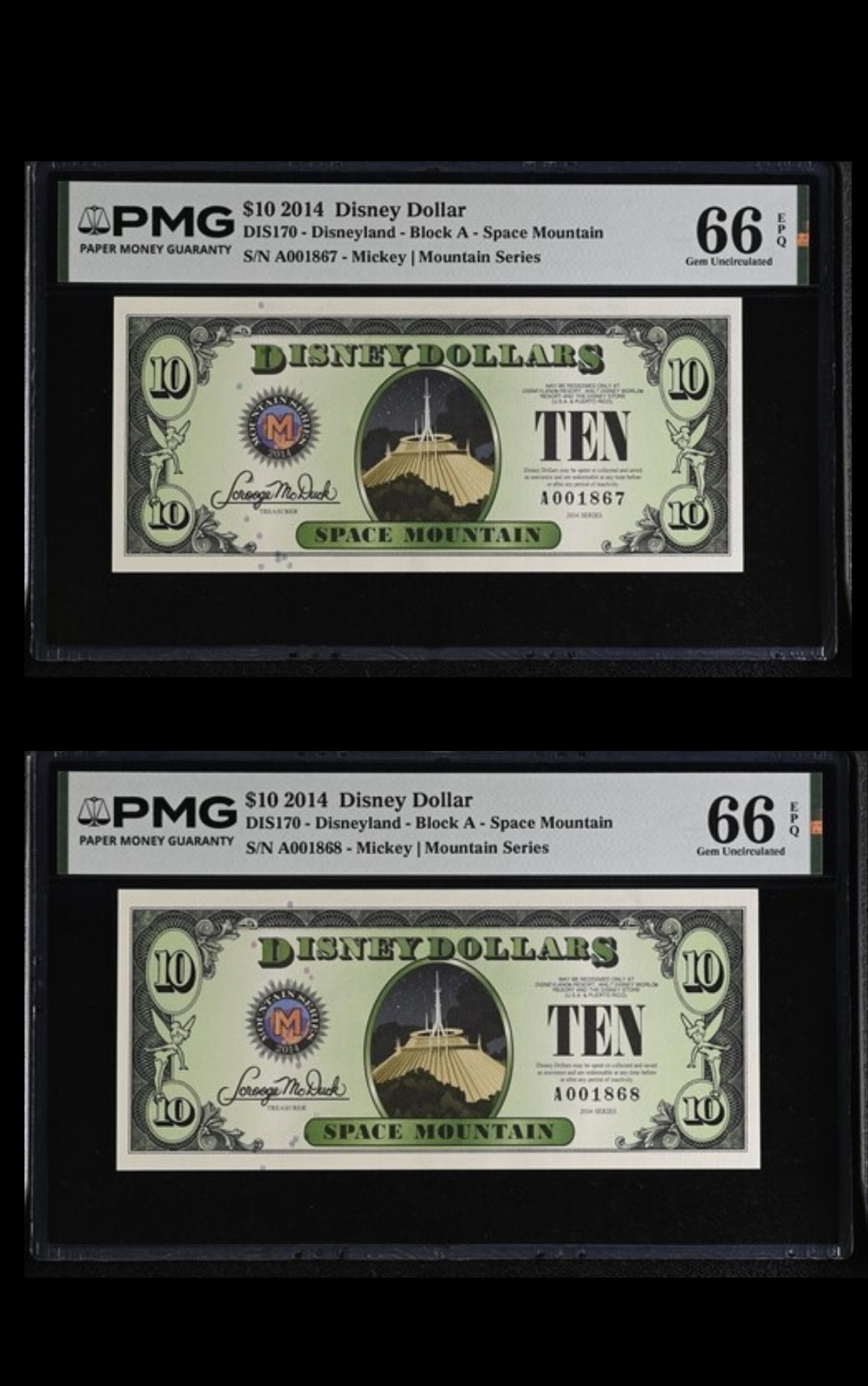 2014 $10 Disney Dollar Space Mountain PMG 66 EPQ Consecutive Pair RARE