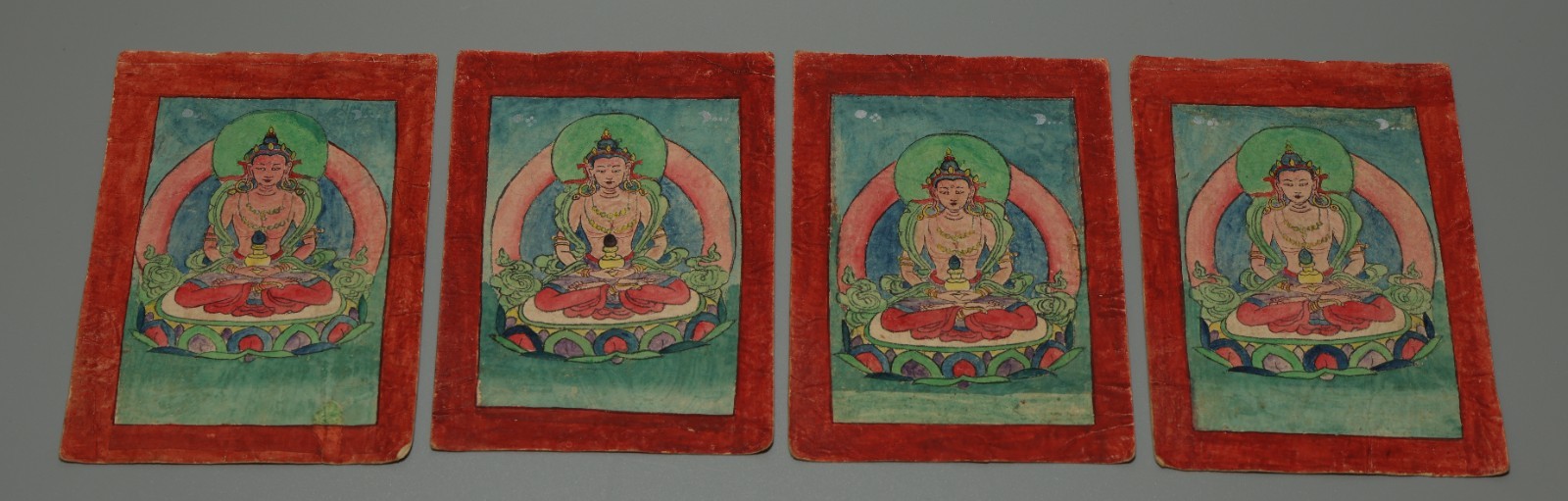 Real Set 4P Tibet 1800s Old Antique Buddhist Tsakli Tsaklis Thangka Amitayus