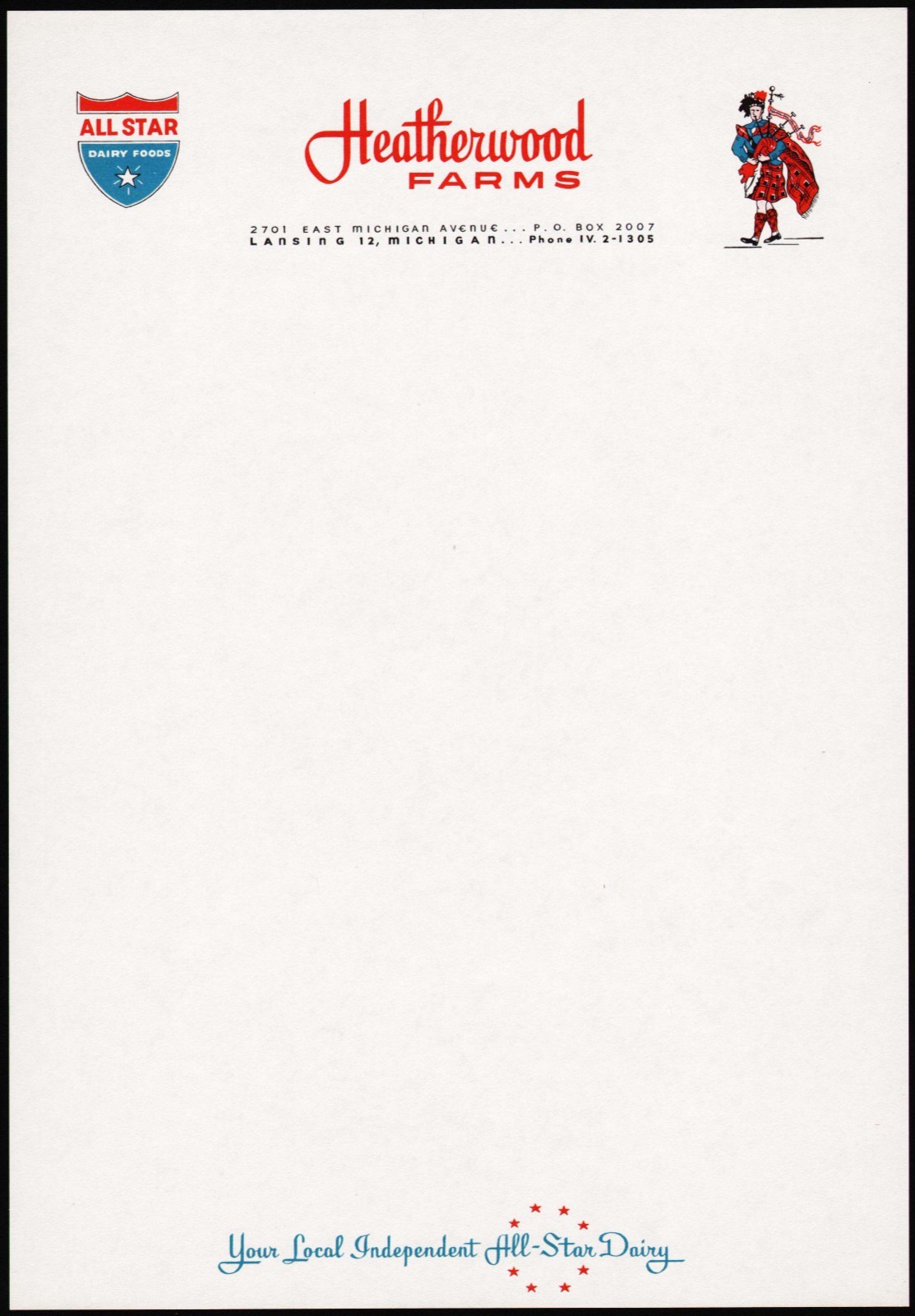 Vintage letterhead HEATHERWOOD FARMS All Star Dairy Lansing Michigan n-mint+