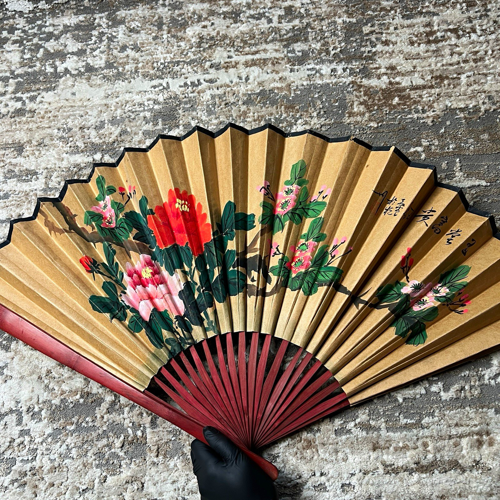 Vintage Chinese Wall Fan Large Hand Painted Peony Floral Folding Chinoiserie