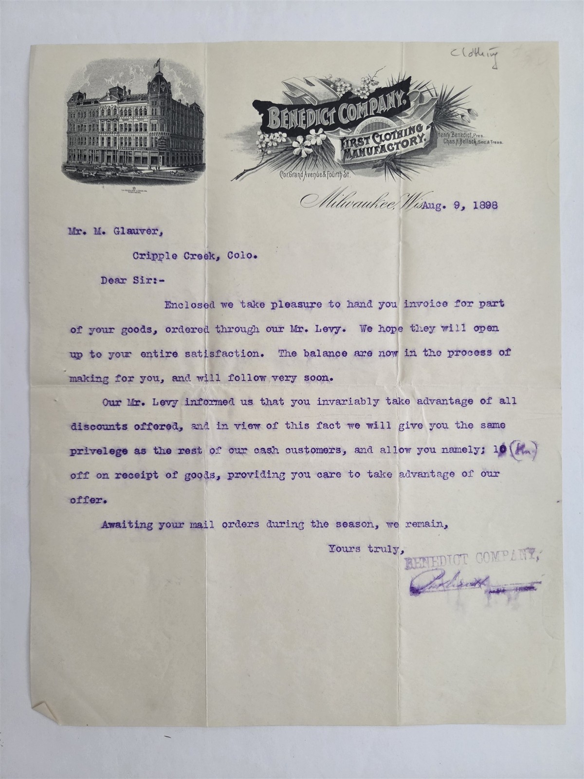 1898 antique BENEDICT COMPANY milwaukee wi FIRST CLOTHING MANUFACTORY LETTERHEAD