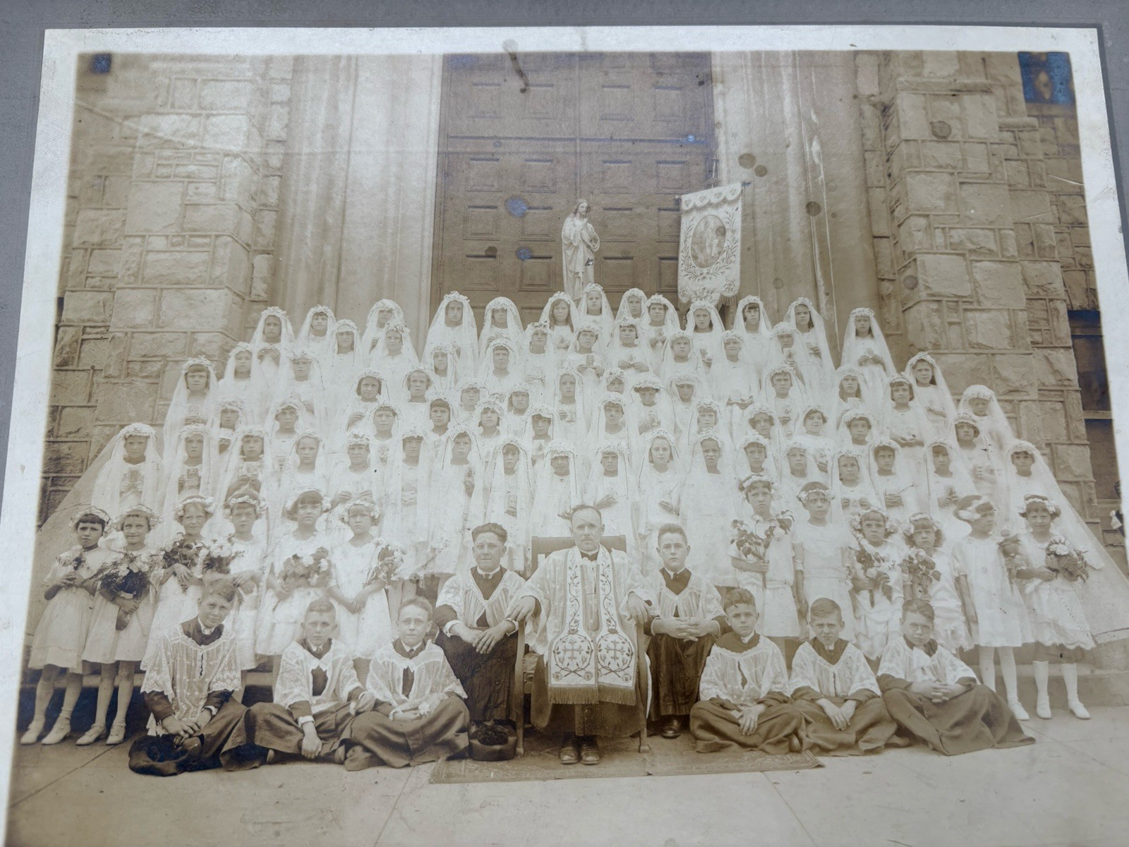 Vintage First Holy Communion Picture Early 1900s Class Church Priest NJ Polish