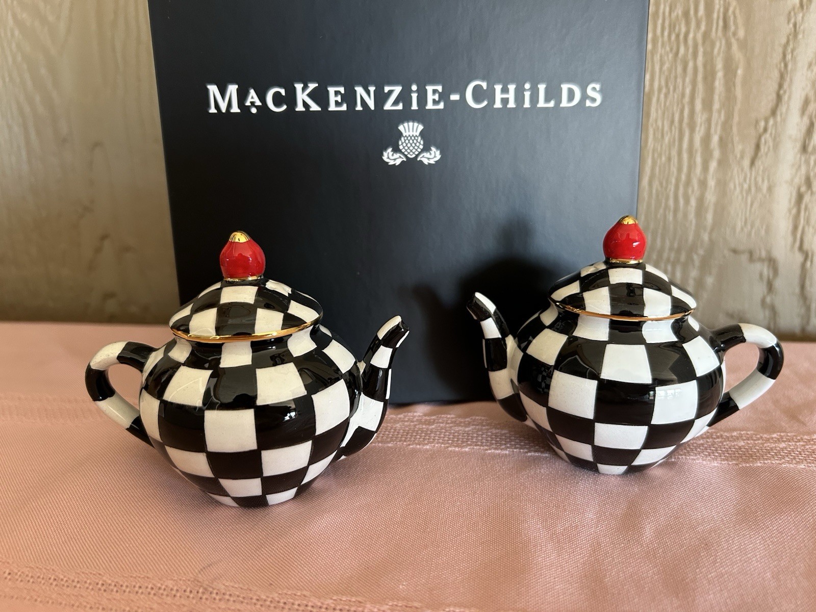 MacKenzie Childs Courtly Check Teapot Salt  & Pepper Shakers Set Boxed New