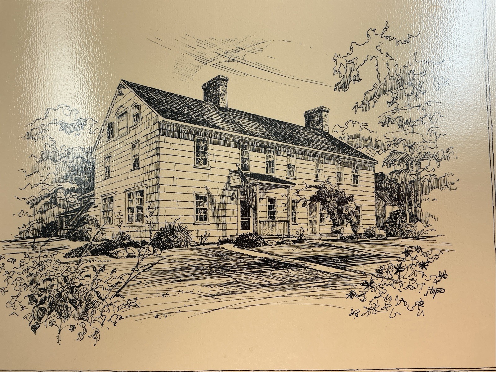 Vintage Etching Print Depicting MOUNT HOUSE Stony Brook,LI, NY-Signed by J. Tepe