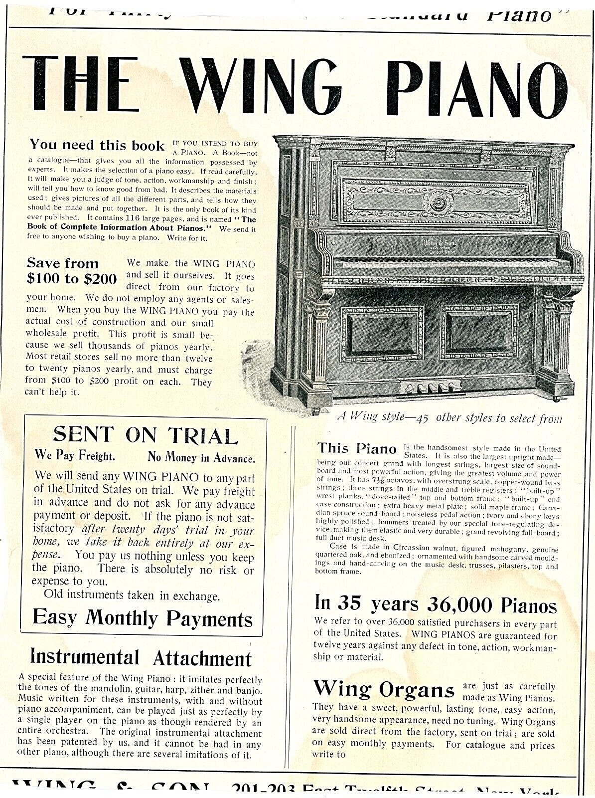 Vintage Ad Print The Wing Piano , 1903, 9 x 7.25 Vintage Ad Print The Wing Piano , 1903, 9 x 7.25