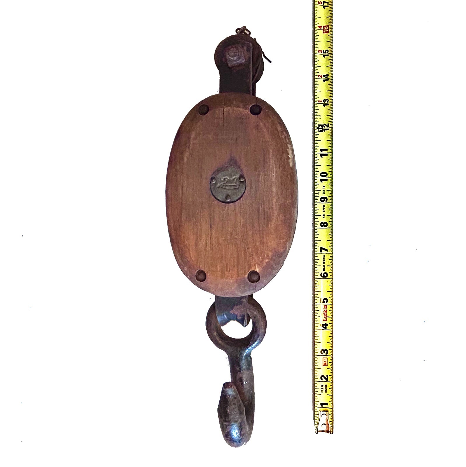 LARGE - Vintage Wood Block and Tackle Barn Pulley Rustic Antique - 15” X 5”