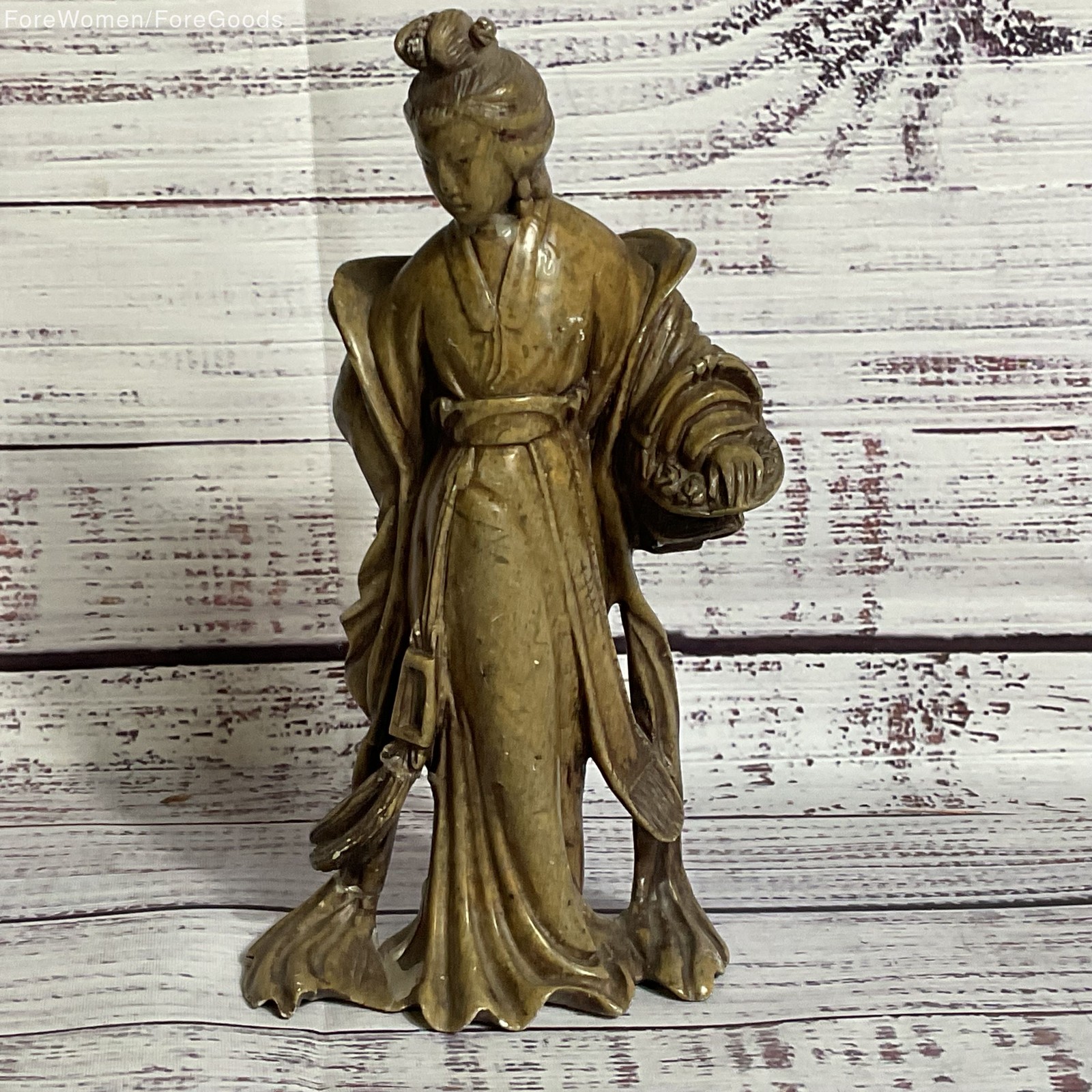 Signed VTG./ANTIQUE Chinese Quan Yin Holding Basket Soapstone Figurine- 7