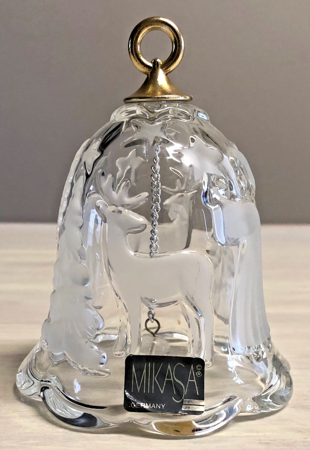 VTG Mikasa Winter Dreams Crystal Bell With Angel Tree & Reindeer 4.5 Inch Tall VTG Mikasa Winter Dreams Crystal Bell With Angel Tree & Reindeer 4.5 Inch Tall
