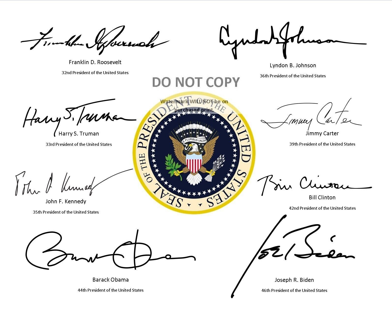 PRESIDENTIAL SEAL WITH SIGNATURES OF THE LAST 8 DEMOCRATIC PRESIDENTS 8X10 PHOTO PRESIDENTIAL SEAL WITH SIGNATURES OF THE LAST 8 DEMOCRATIC PRESIDENTS 8X10 PHOTO