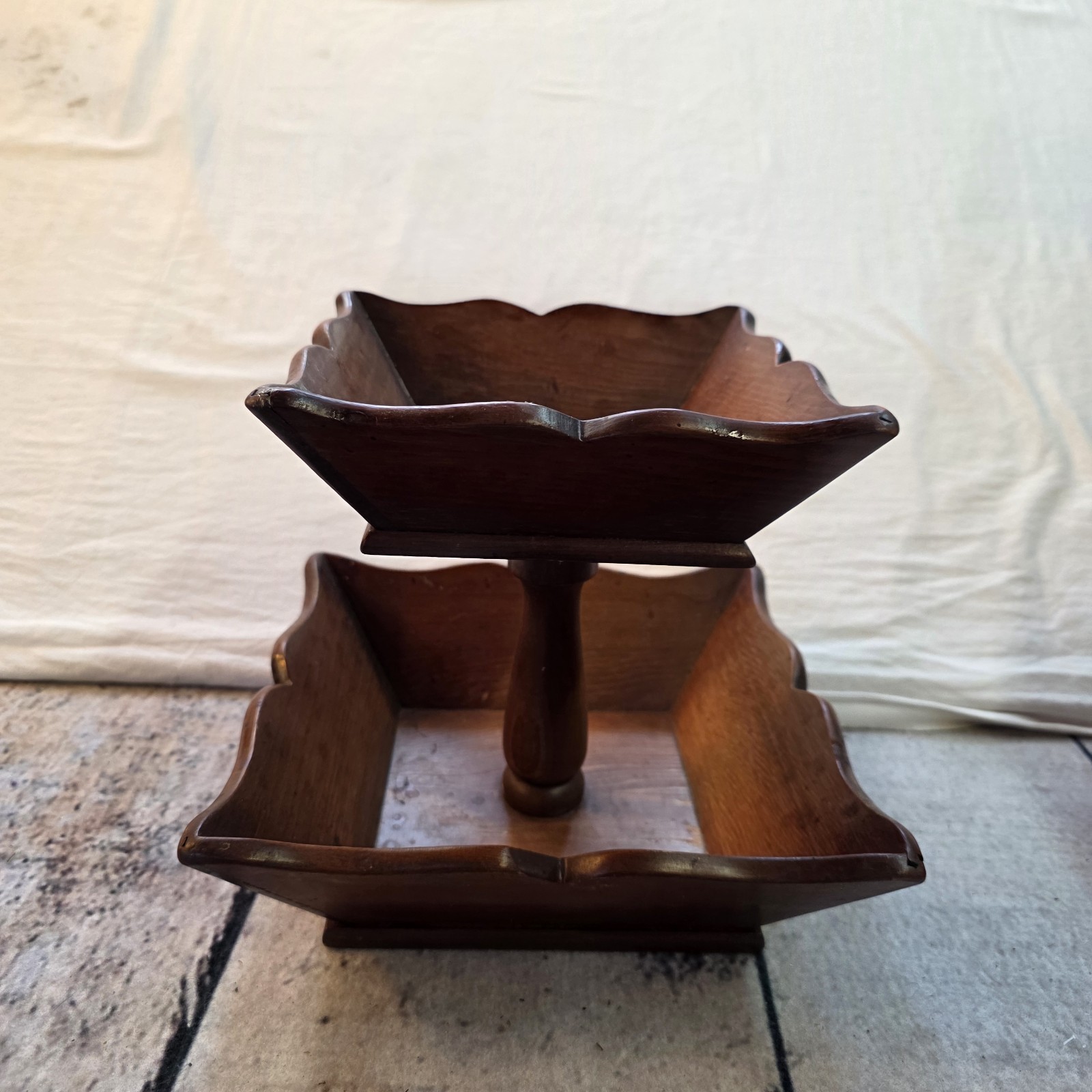 Vintage Two Tier SOLID Wood Tidbit Organizer Tray