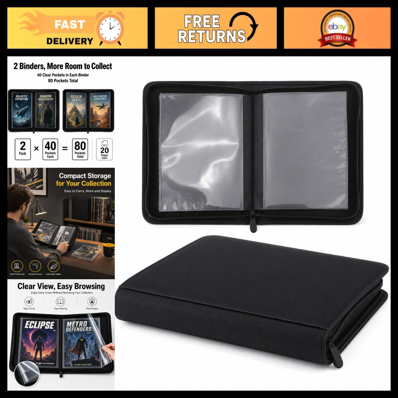 2 Pack Comic Book Binders - 40 Pocket Storage, Durable Black PU Leather
