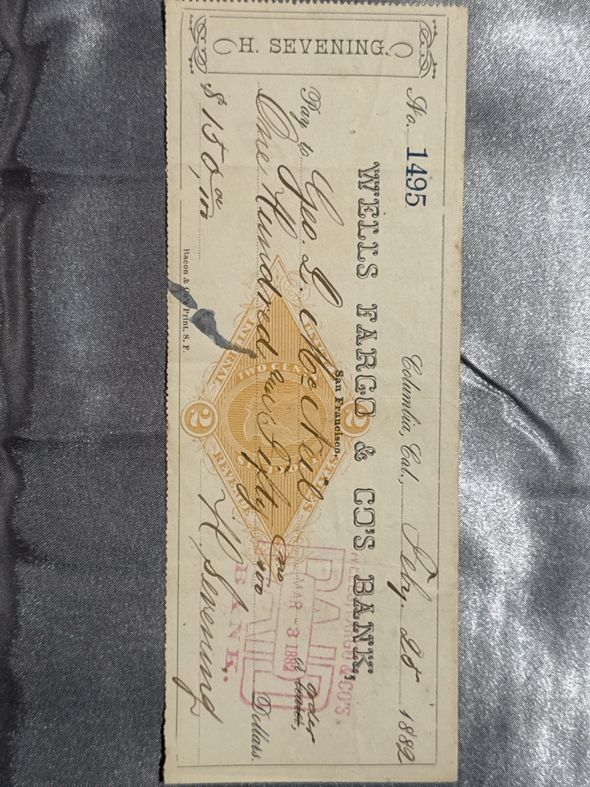 1882 Wells Fargo Bank Check Columbia CA Henry Sevening Signed Old West RARE