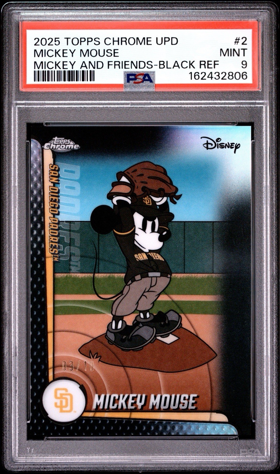 2025 Topps Chrome Update Disney Mickey Mouse Padres Black Refractor /10 PSA 9