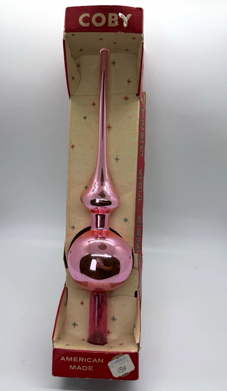 Vintage COBY Pink Mercury Glass Christmas Tree Topper Finial Original Box