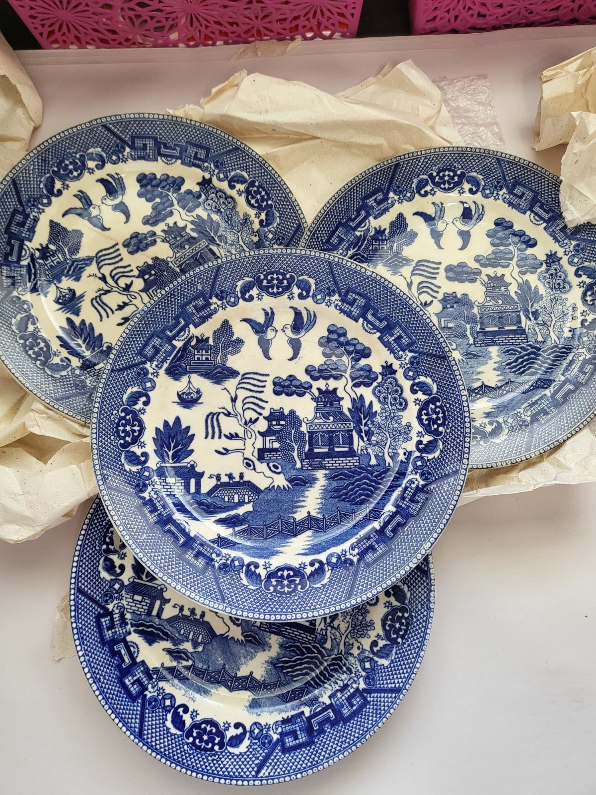 4p Blue Willow Plates - Very Old Cracked Crazed Japan 1899 Antique Collectable