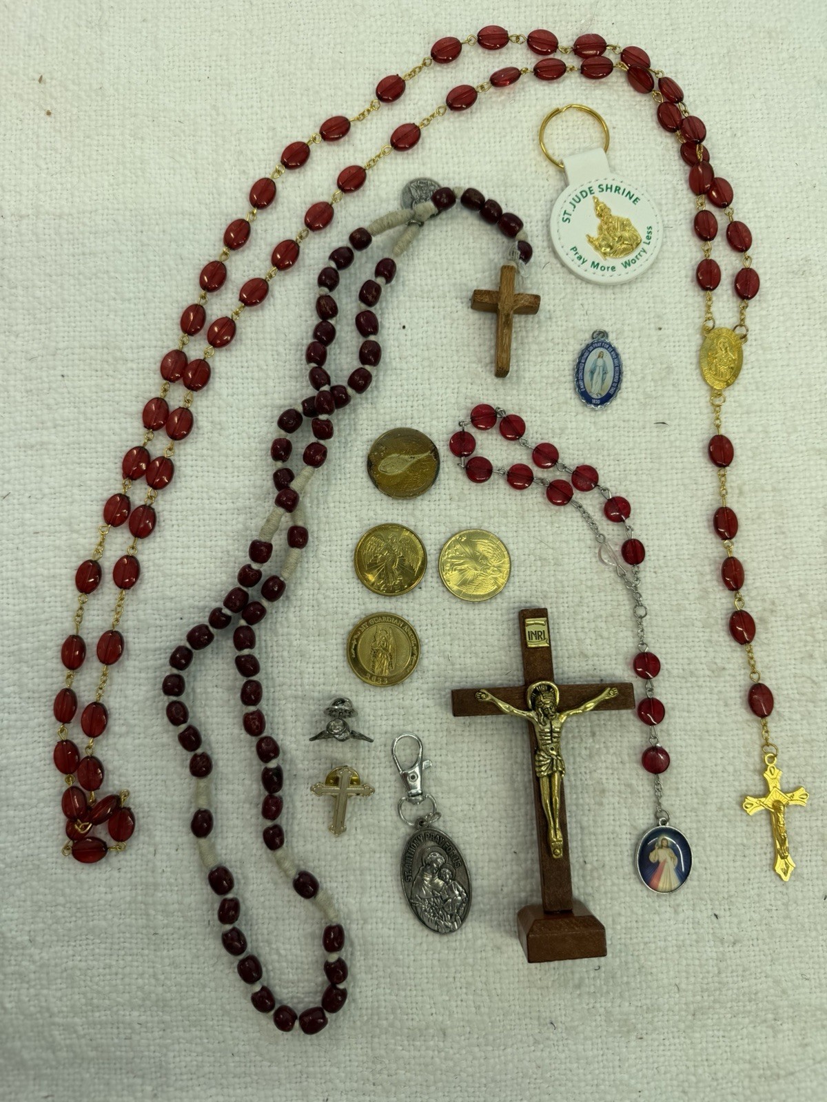 Vintage Catholic Religious Lot Red Rosaries Crucifix Medals St Jude Jesus Mary