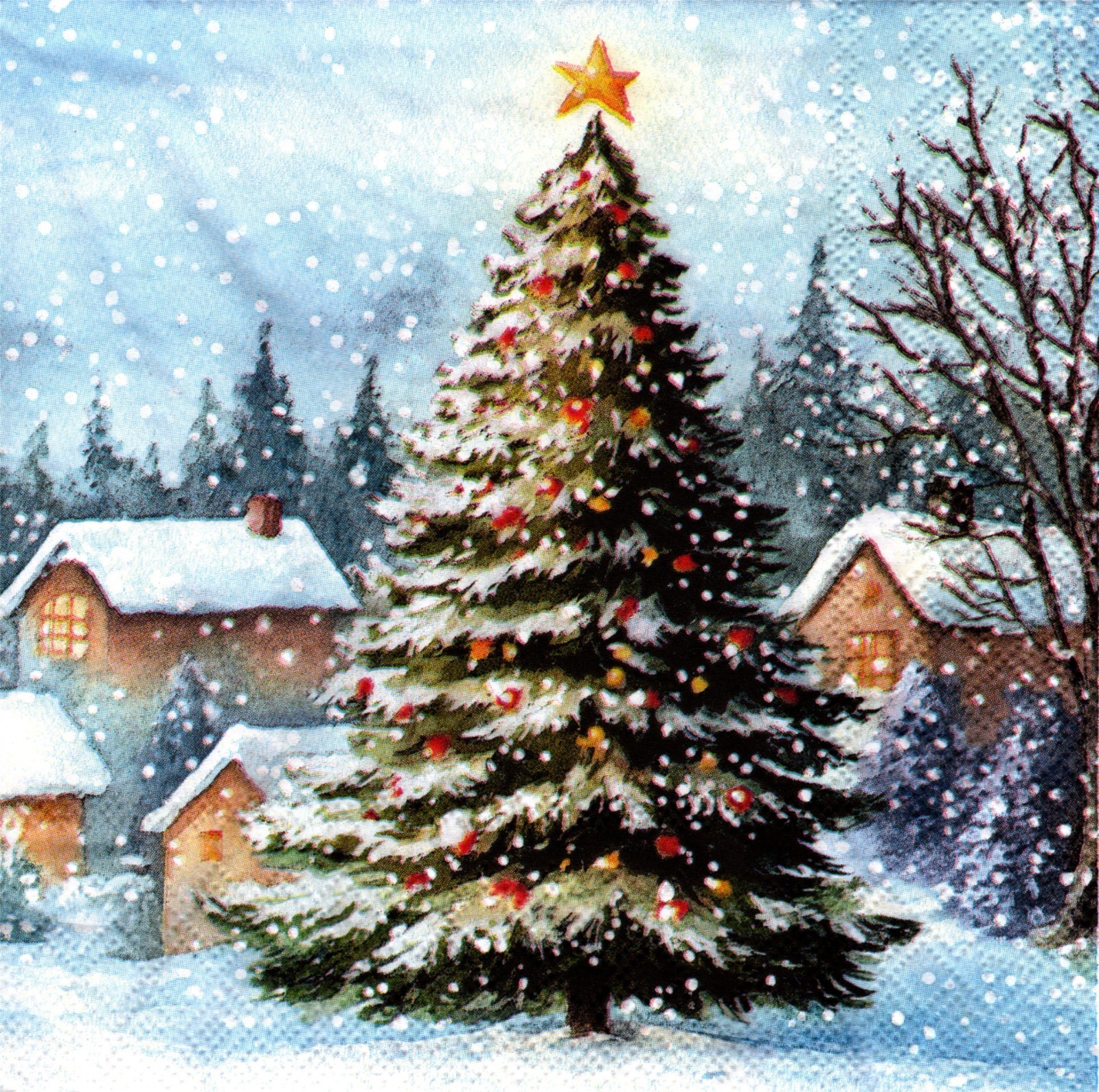 (2) Two Paper Lunch Napkins for Decoupage/Mixed Media - Tree in Snow christmas
