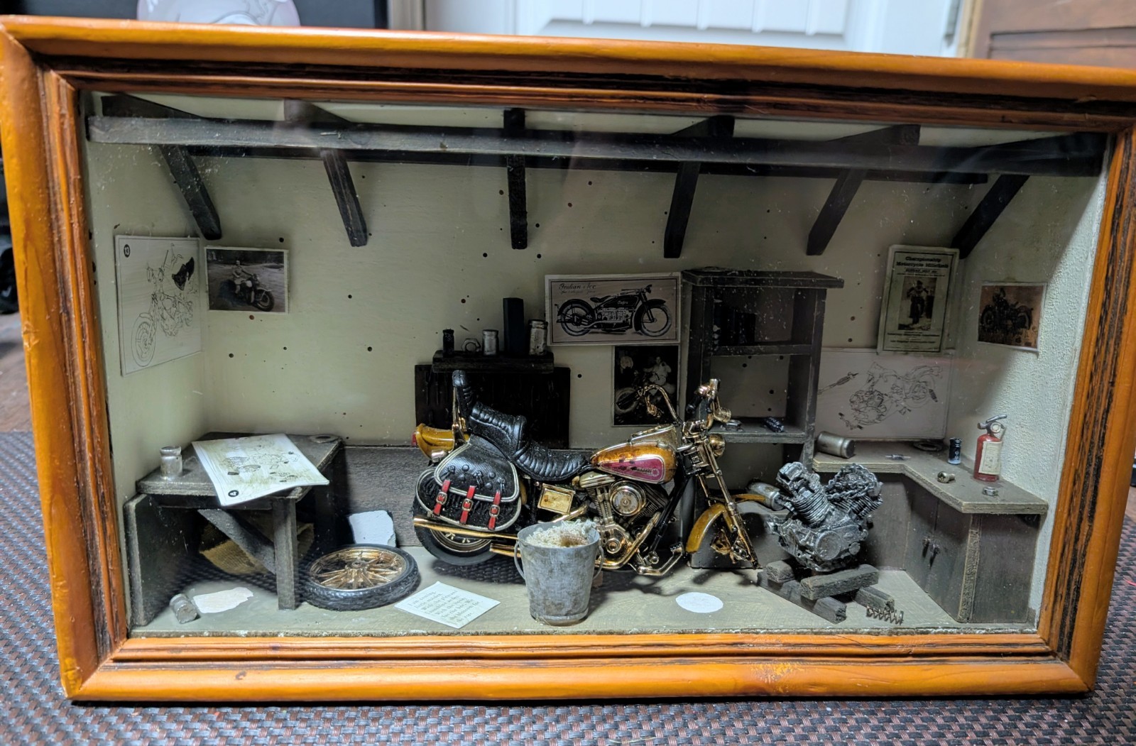 Vintage Harley Davidson / Indian motorcycle Garage Repair Shop Diorama Shadowbox