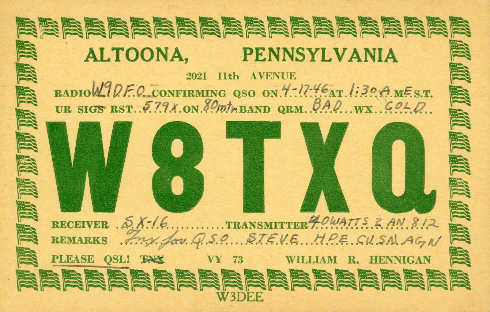 Vintage Amateur Radio QSL Postcard, 1946, W8TXQ, Altoona, PA, Scott#804 Vintage Amateur Radio QSL Postcard, 1946, W8TXQ, Altoona, PA, Scott#804