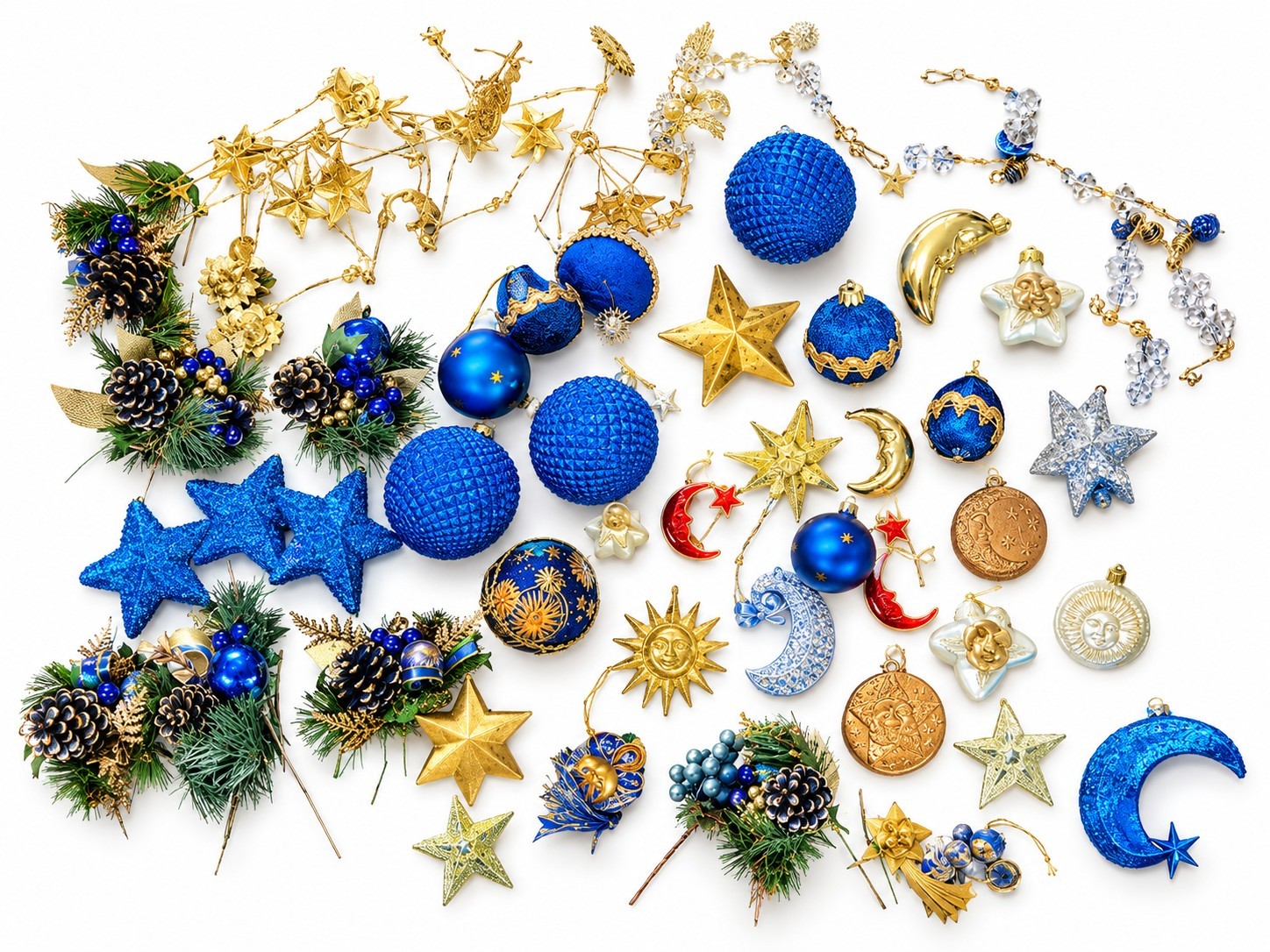 Vintage Huge Lot Celestial Moon, Sun Ornaments, Garland & Picks Blue & Gold HTF Vintage Huge Lot Celestial Moon, Sun Ornaments, Garland & Picks Blue & Gold HTF