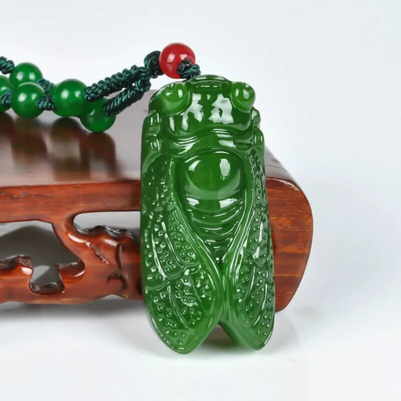 Chinese Jadeit Natural Green Jade Stone Cicada Pendant Beads Necklace