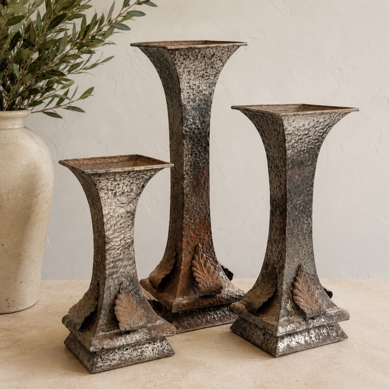 VTG Set 3 Ornate Mexican Hammered Pillar Candle Holders Distressed Silver Tone