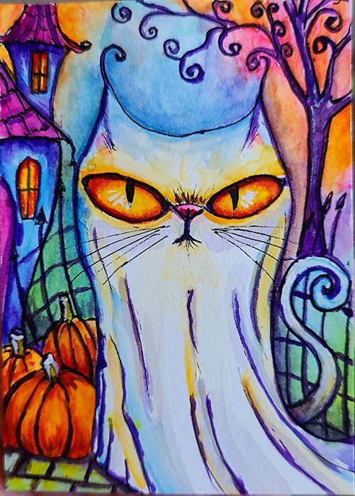 ACEO Original Painting OOAK - Ghost Cat - Cat - Bartshe