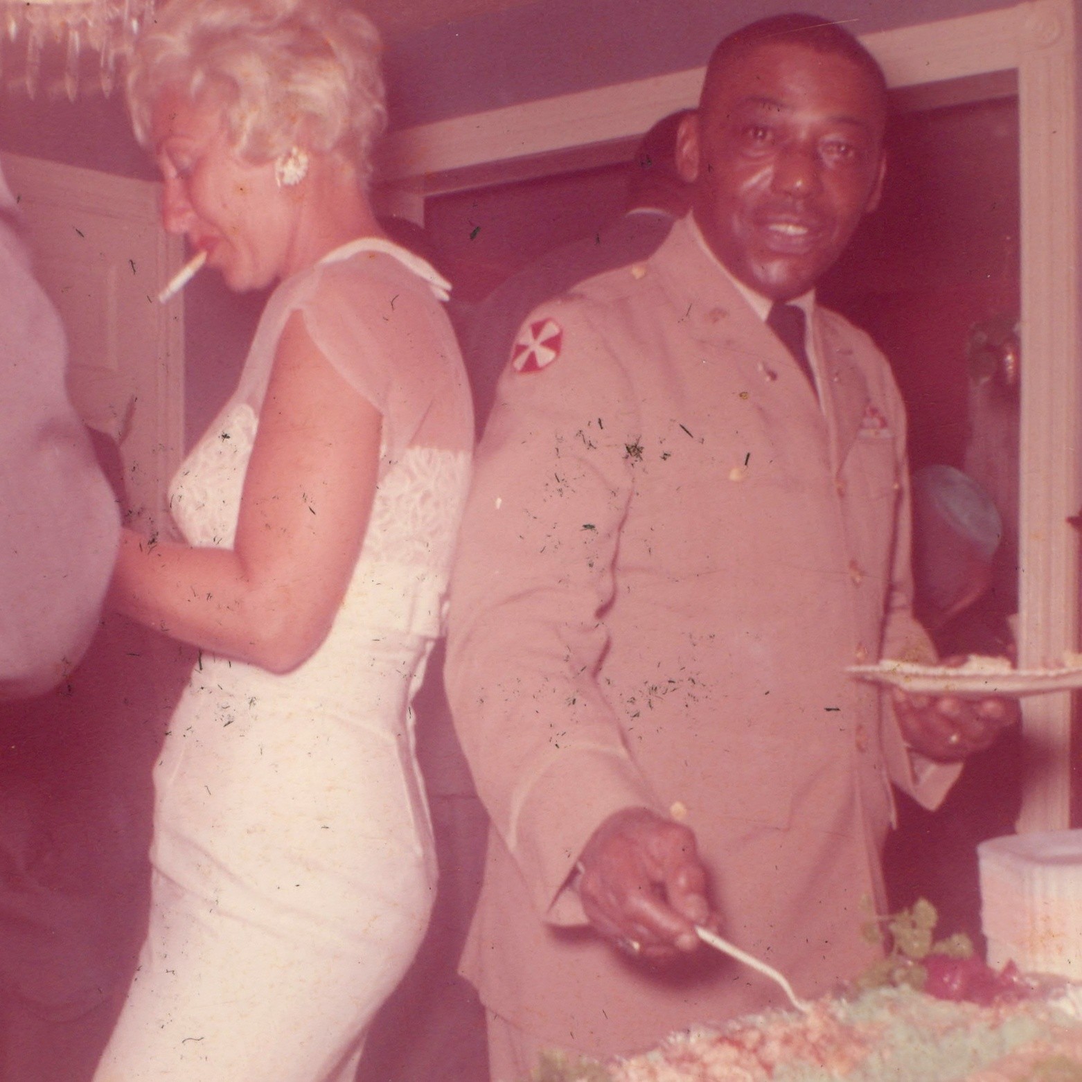 c1960s Black US Army Soldier 8th Army Patch Snapshot Photo Buffet Party Smoking c1960s Black US Army Soldier 8th Army Patch Snapshot Photo Buffet Party Smoking
