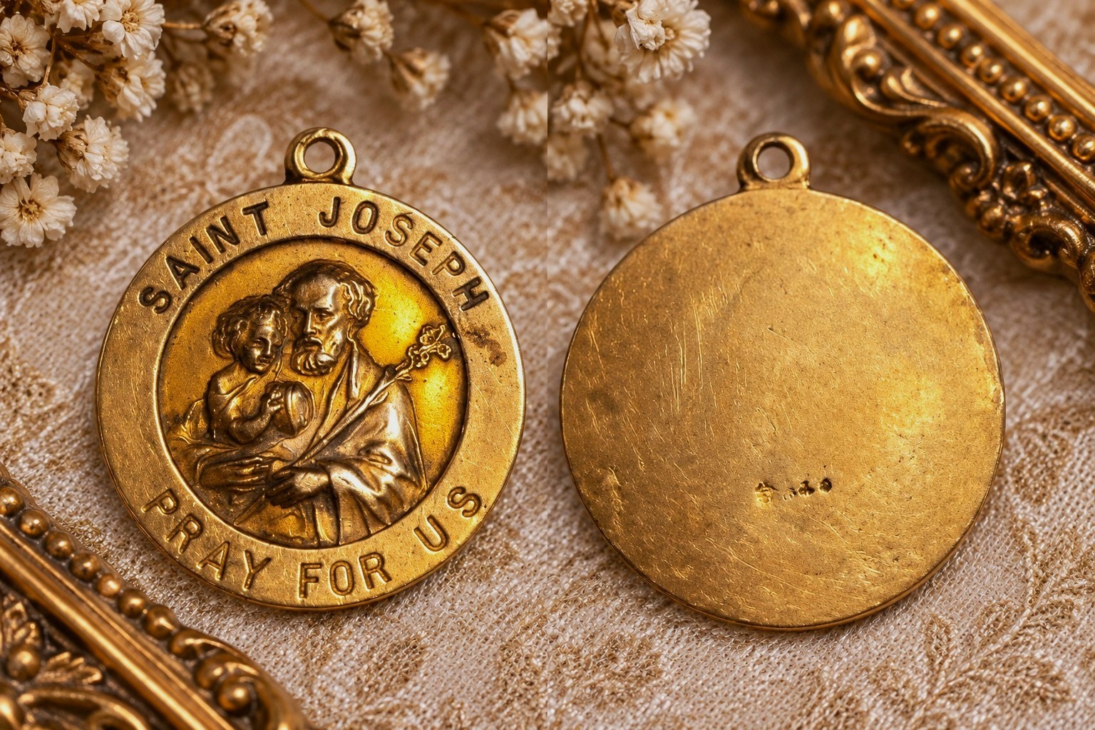 Saint Joseph Pray For Us Gold Tone Medal Pendant Charm - Christianity
