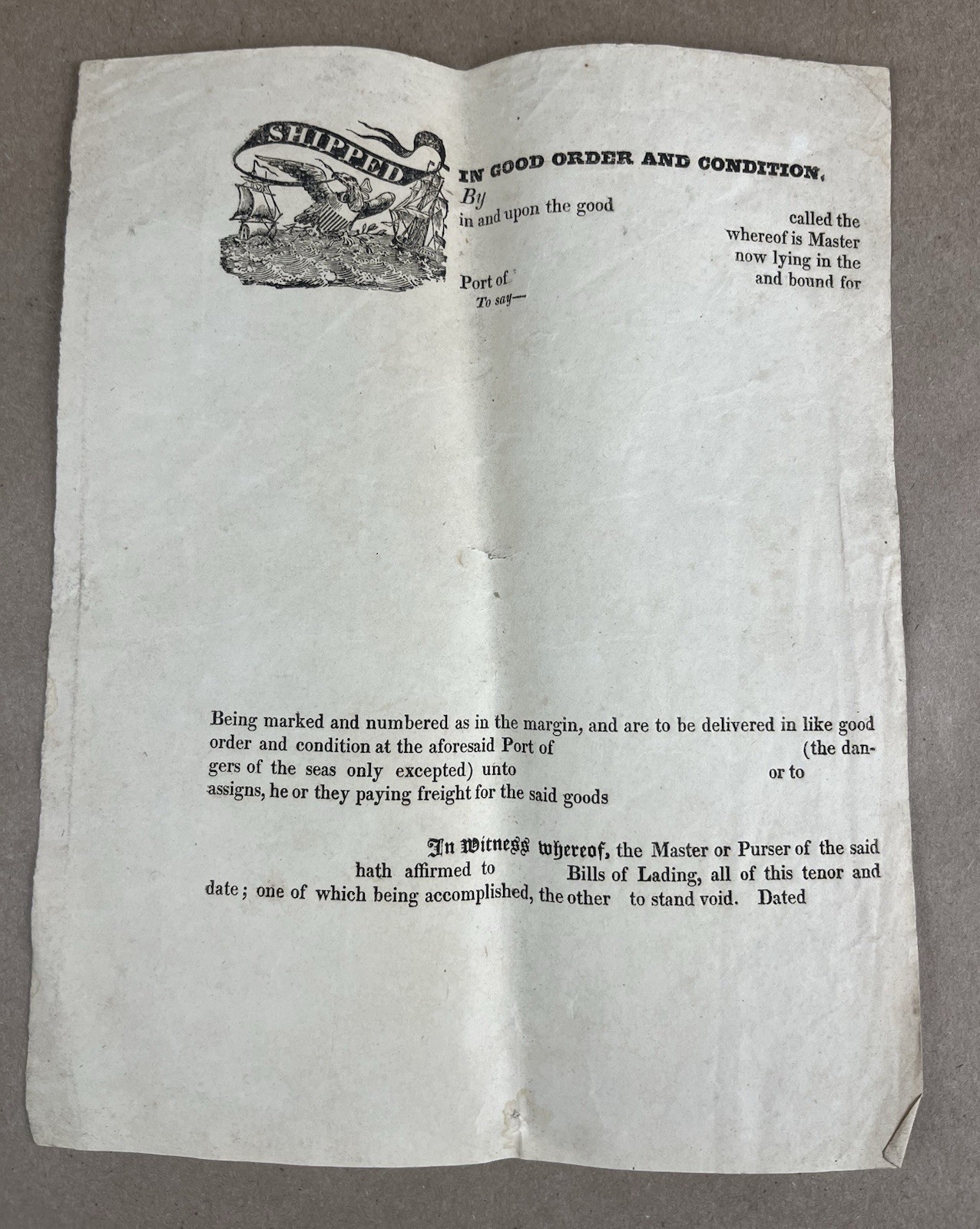 1830s Antique US Maritime Ship Shipping Bill of Lading Unused Paper
