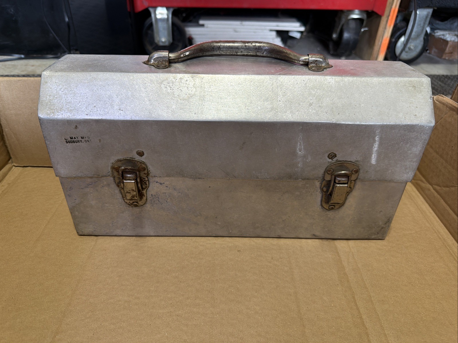 L May Mfg Sudbury VTG Metal Lunch Box Silver Miners Construction Lunchbox Pail L May Mfg Sudbury VTG Metal Lunch Box Silver Miners Construction Lunchbox Pail