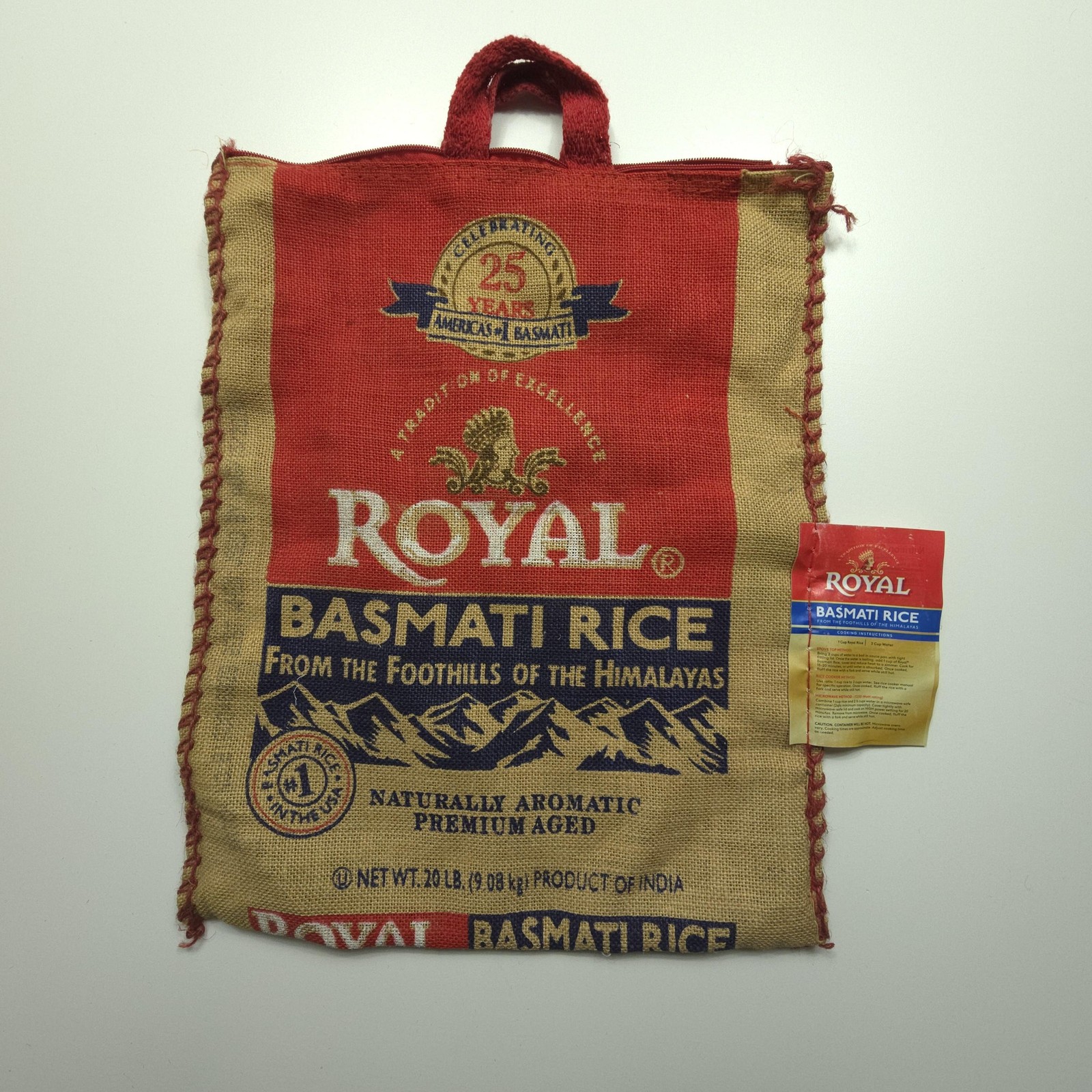 Royal Basmati Rice 20 LB Red Burlap Zipper Tote Sack Bag India Advertising