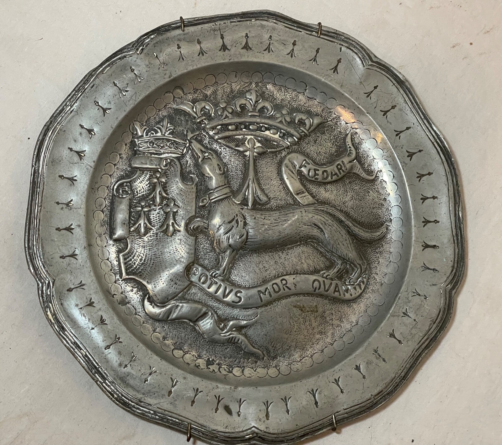 antique 18th century tooled Latin handmade armorial pewter plaque relief plate