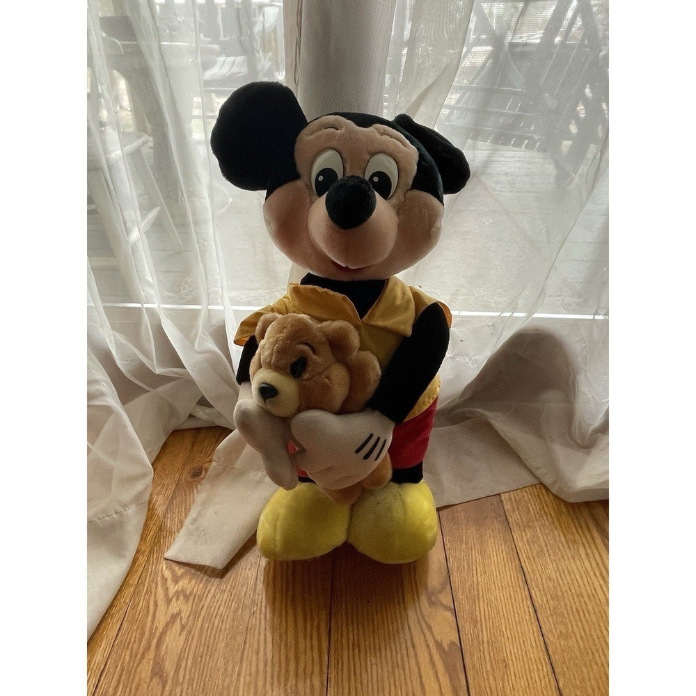 Vintage Disneyland Disney Mickey Mouse Stuffed Doll Holding Teddy Bear 16in. Vintage Disneyland Disney Mickey Mouse Stuffed Doll Holding Teddy Bear 16in.