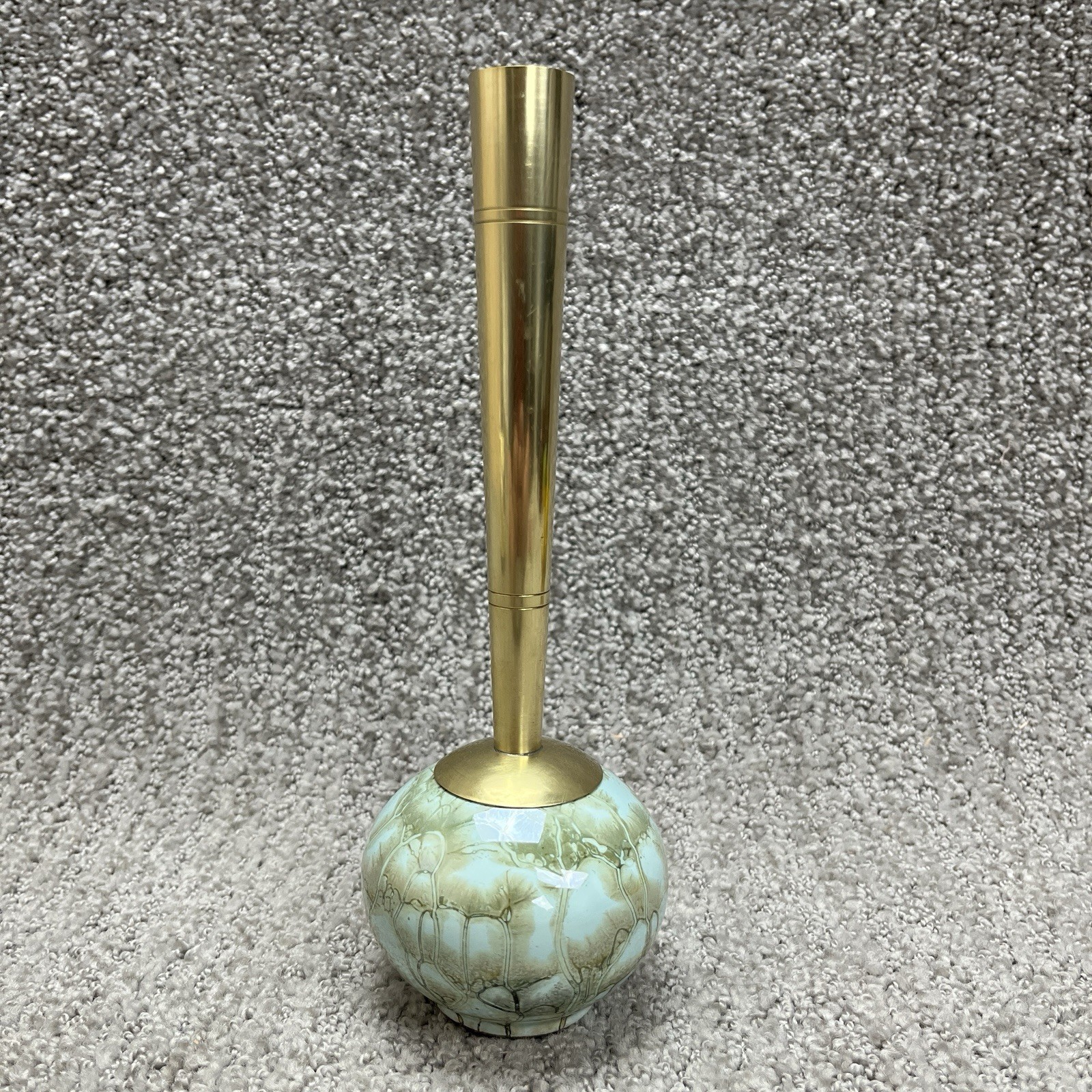 Vintage Delft Holland Bud Vase Brass Stem Blue Marbled Base MCM Space Age 8.5
