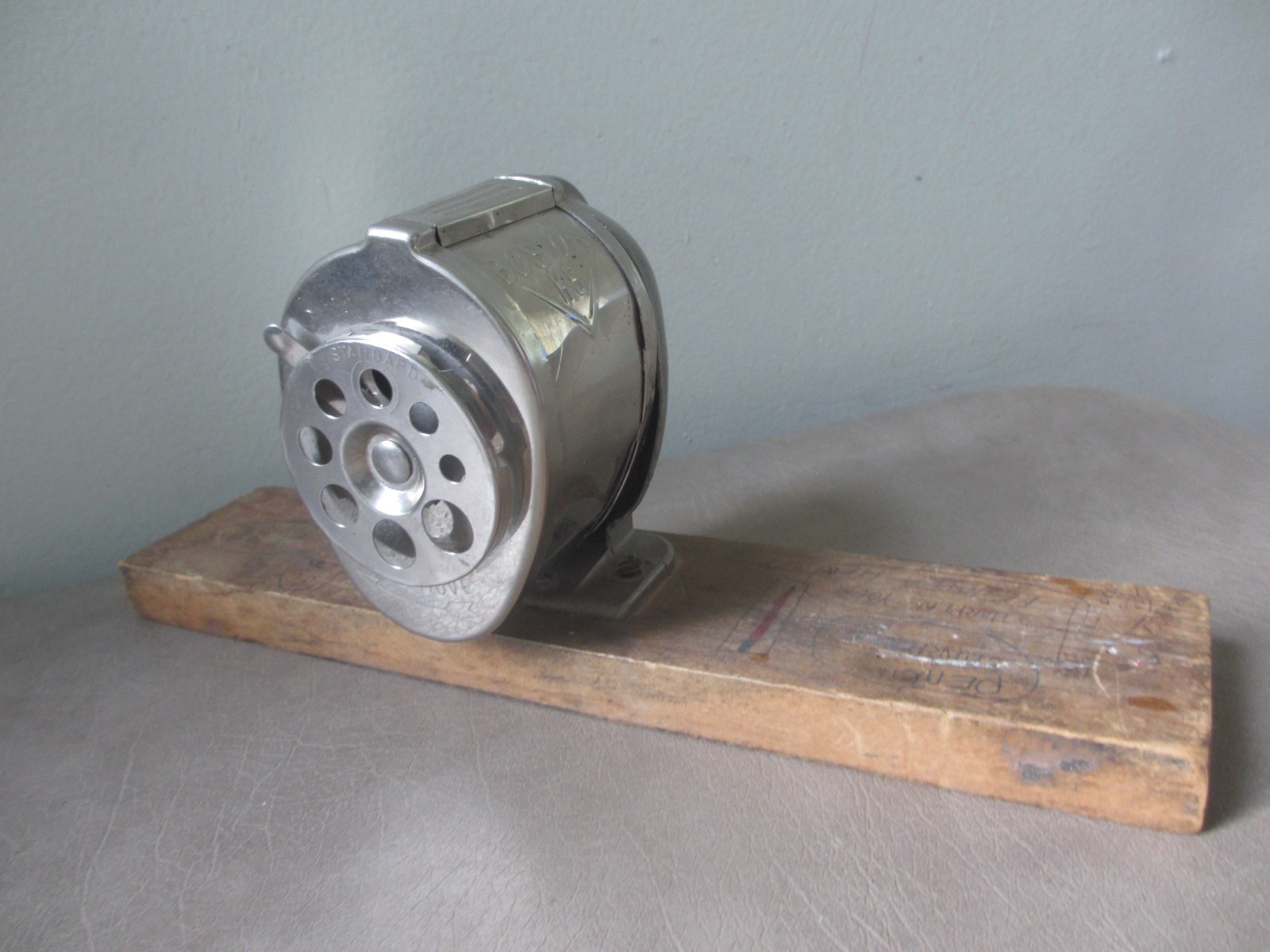 Vintage 1970\'s BOSTON KS 8 HOLE Pencil Sharpener on Board with School Graffiti