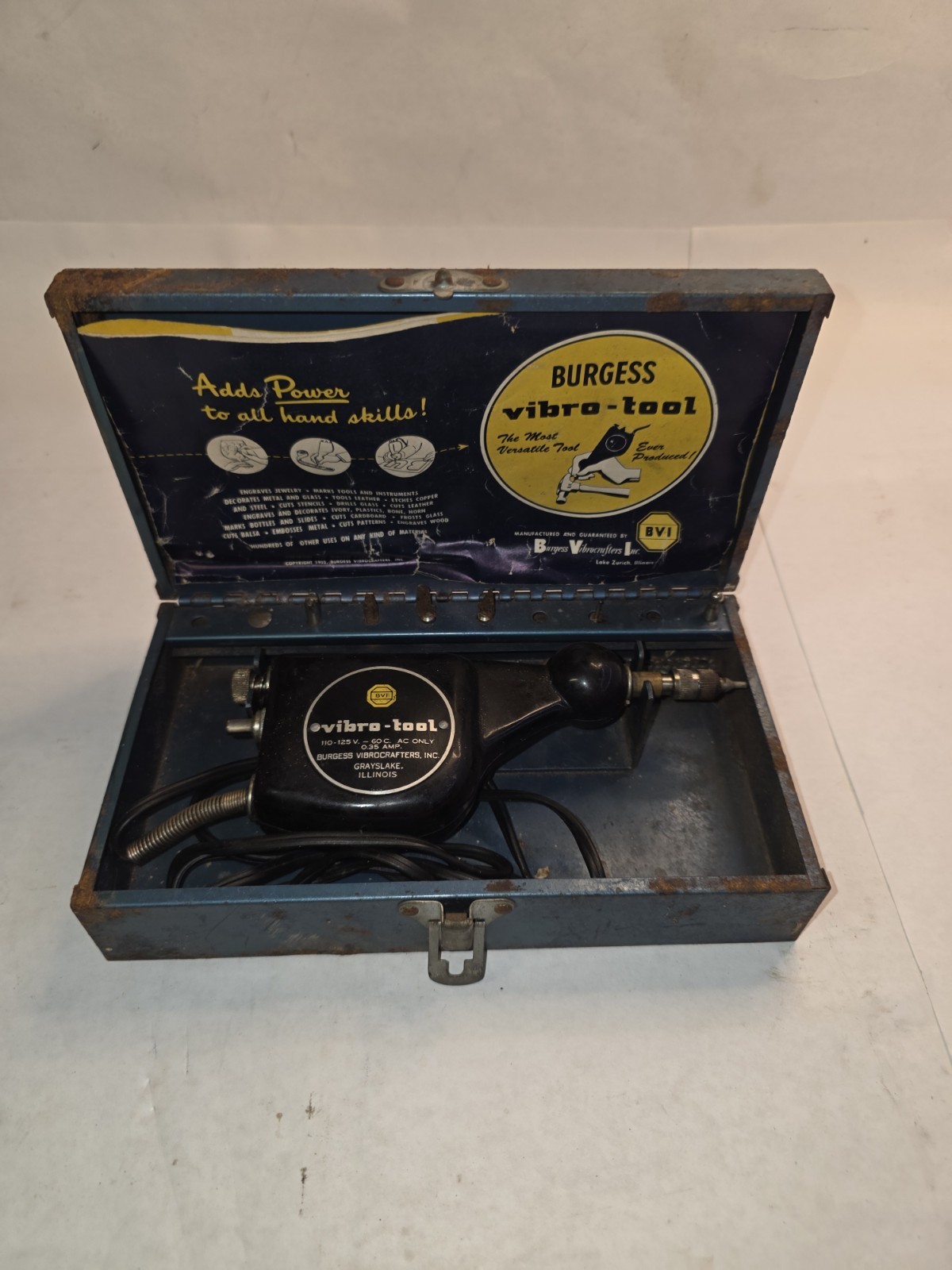 Vintage Burgess Vibro-Tool Electric Engraver BVI Metal Case Tested Working USA